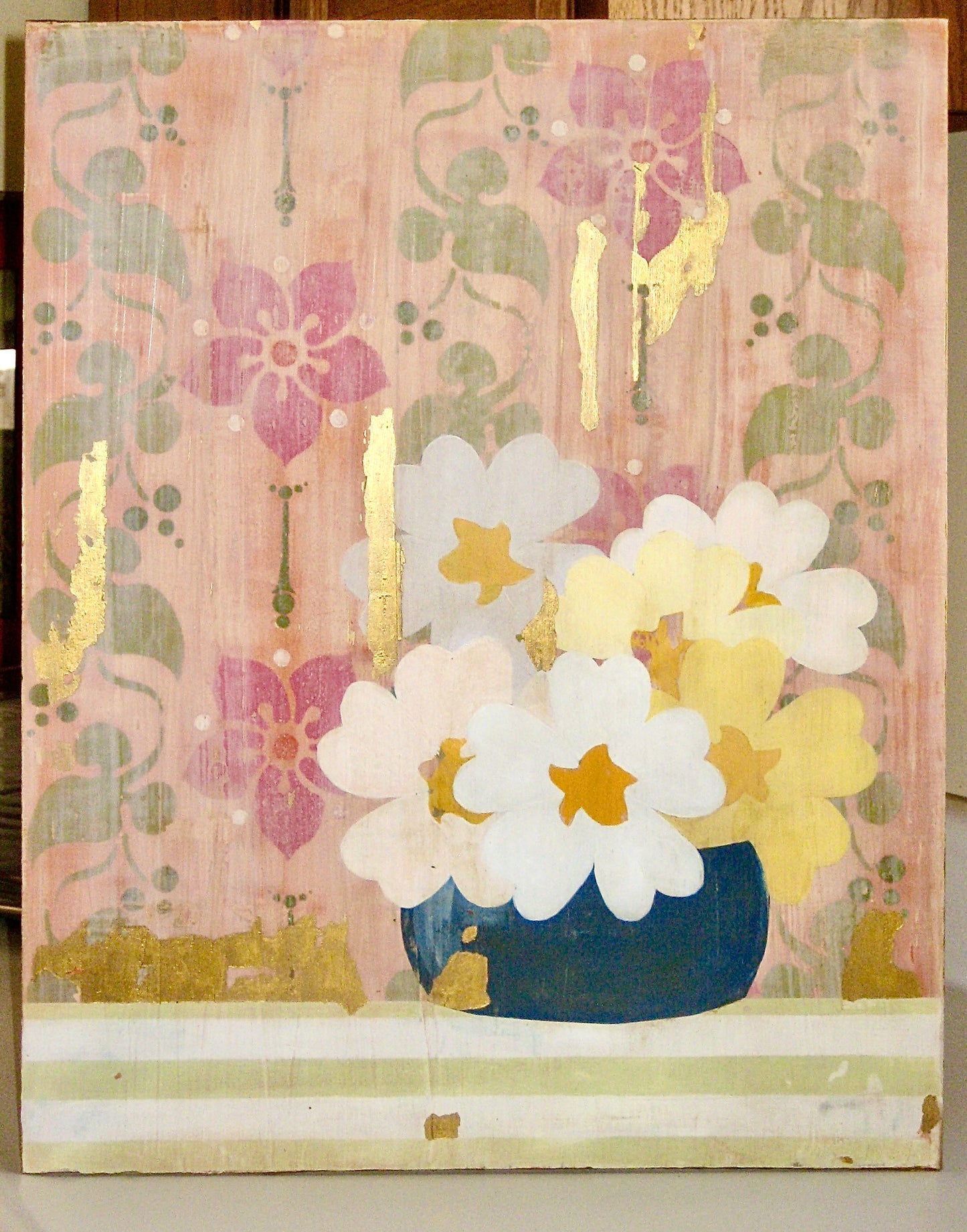 Distressed Pink Floral - 20" x 16" - latex and acrylic on masonite