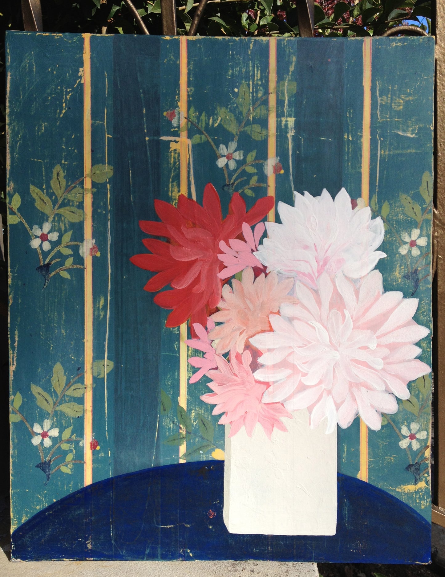 Blue Distressed Wallpaper Floral - 20" x 16" - latex and acrylic on artist board