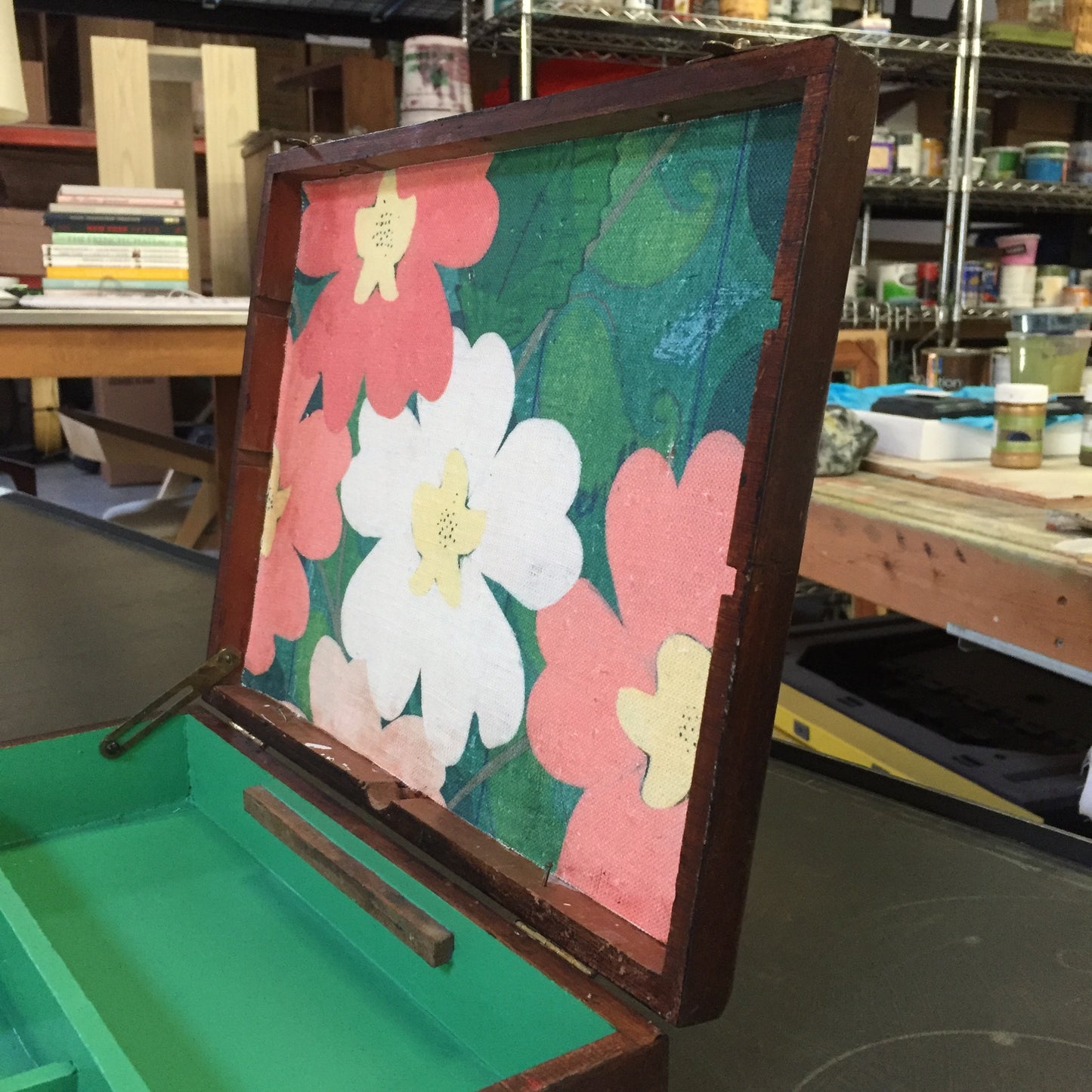 Green Paisley Floral - linen print and latex on vintage en plein air artist box