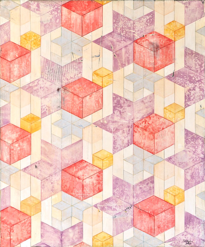 Play With Space  -  24" x 20" x 3/4"  -  Latex and acrylic on salvaged wood panel