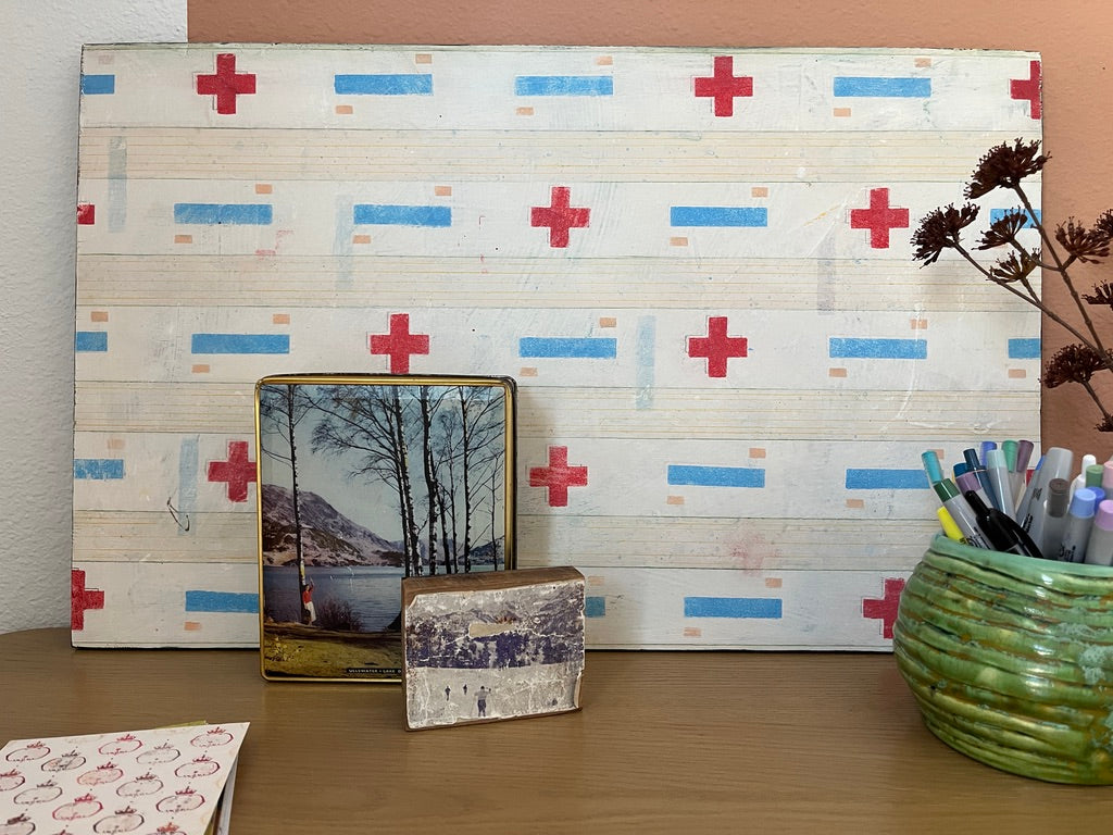 To My Rescue -  15" x 24" x 3/4"  Latex and acrylic on salvaged wood panel