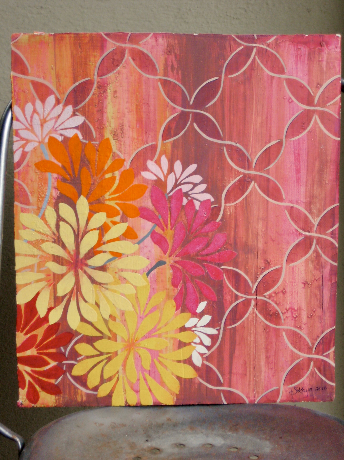 Pink Lattice Floral - 20" x 16" - latex and acrylic on masonite
