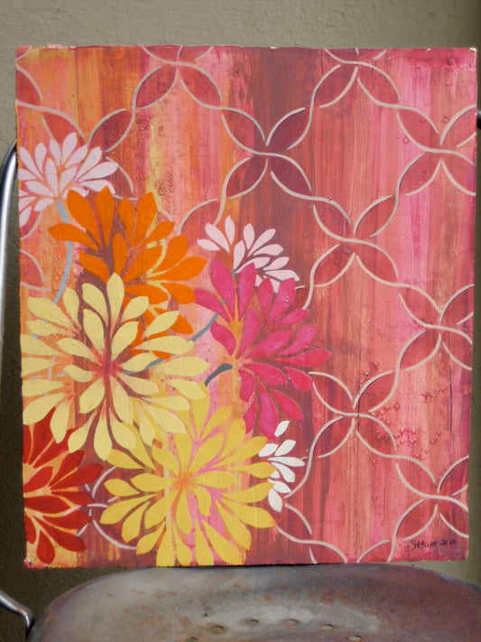 Pink Lattice Floral - 20" x 16" - latex and acrylic on masonite