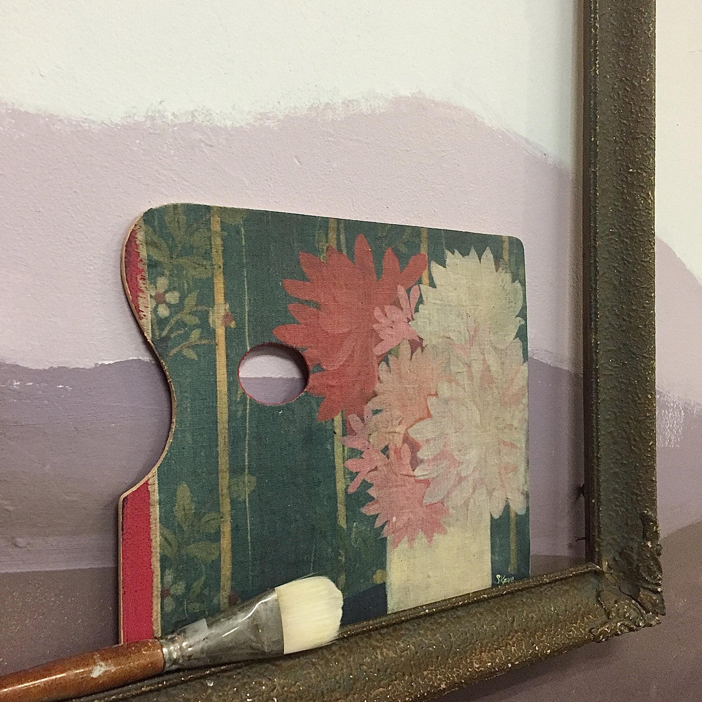 Distressed Wallpaper Floral - 15" x 11" linen image and latex on vintage paint palette