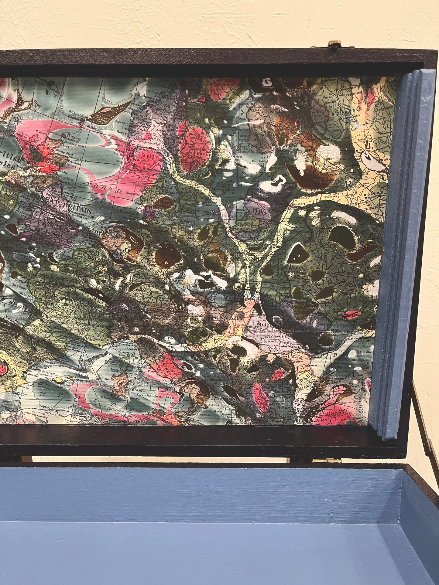 Green Fields- mixed media on vintage en plein air artist box with marble lining