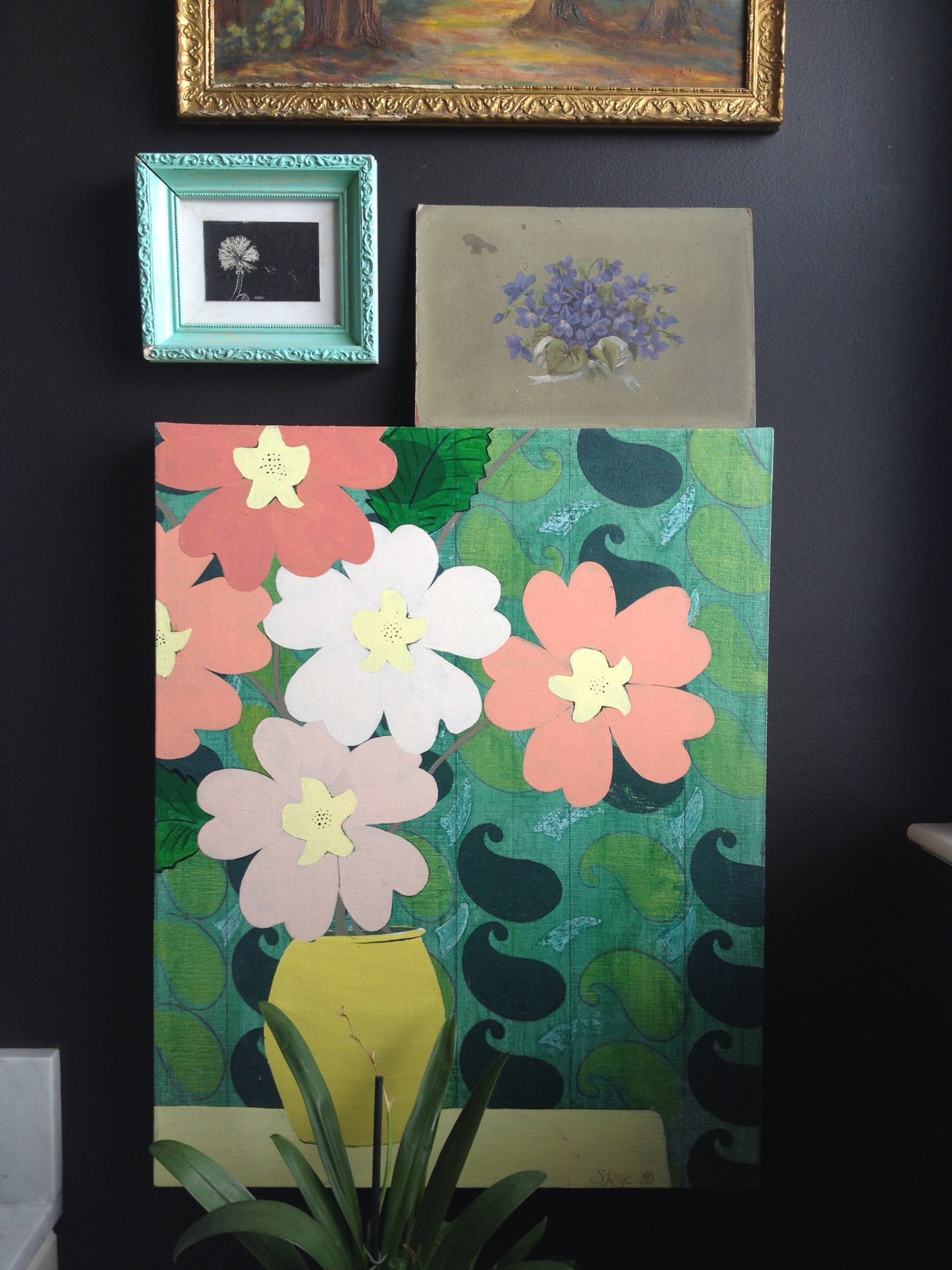 Green Paisley Floral - 20" x 16" - latex and acrylic on artist board