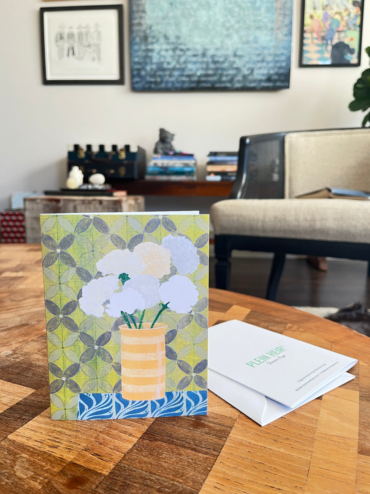 Green Lattice Notecards - set of 5,   6 1/4" x 4 1/5",  satin finish image, blank matte finish inside