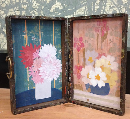 Distress Floral and Distressed Pink Floral - linen prints on vintage en plein air artist box