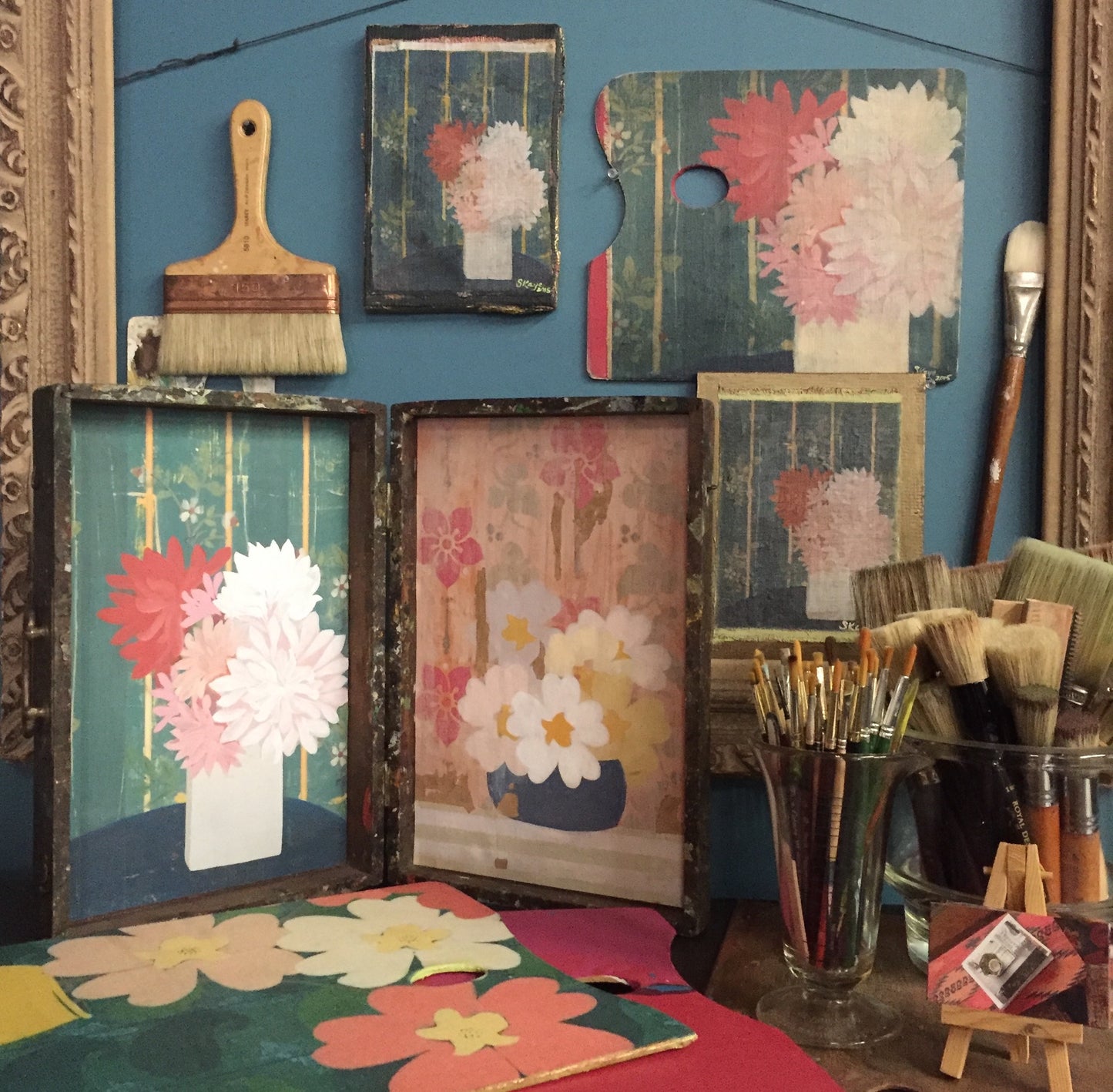 Distress Floral and Distressed Pink Floral - linen prints on vintage en plein air artist box