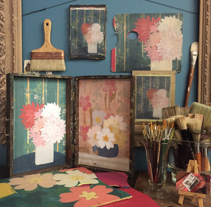 Distress Floral and Distressed Pink Floral - linen prints on vintage en plein air artist box
