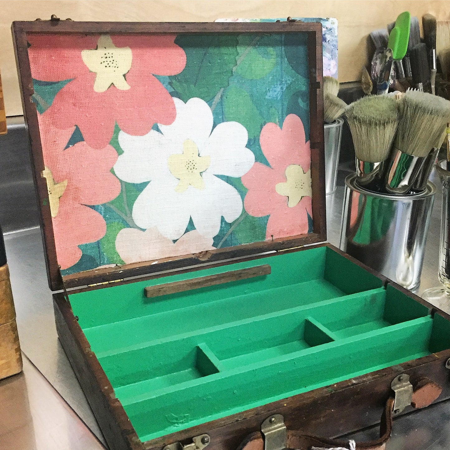 Green Paisley Floral - linen print and latex on vintage en plein air artist box