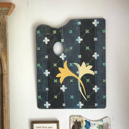 Yellow Fresia Swiss Cross Background - 15" x 11" mixed media on vintage paint palette
