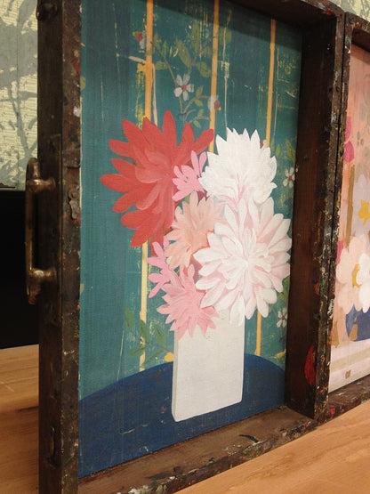 Distress Floral and Distressed Pink Floral - linen prints on vintage en plein air artist box