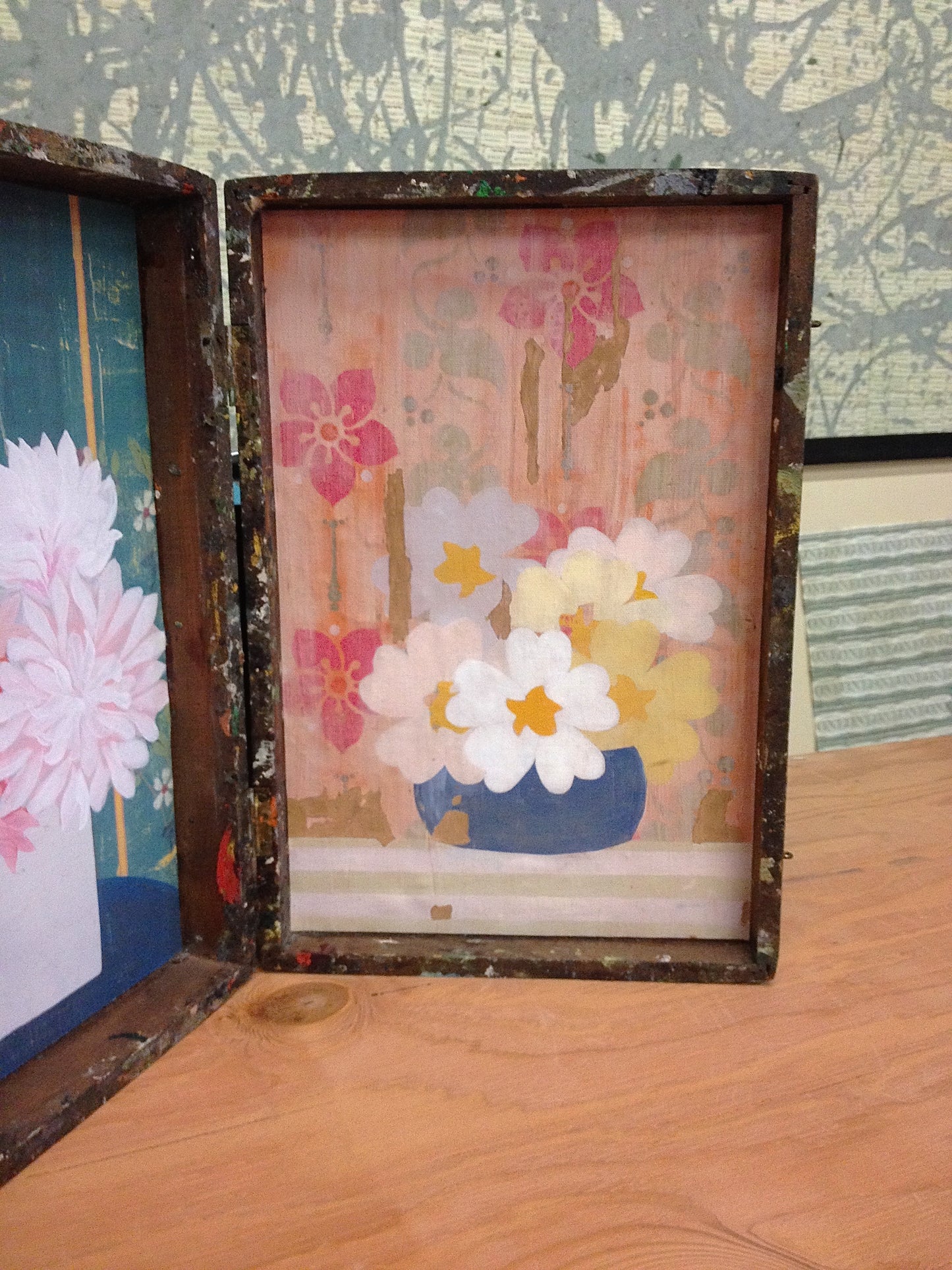 Distress Floral and Distressed Pink Floral - linen prints on vintage en plein air artist box